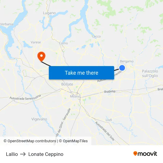 Lallio to Lonate Ceppino map