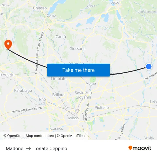 Madone to Lonate Ceppino map
