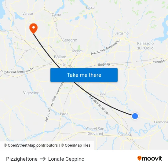 Pizzighettone to Lonate Ceppino map
