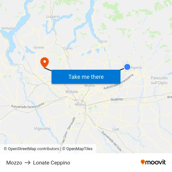 Mozzo to Lonate Ceppino map