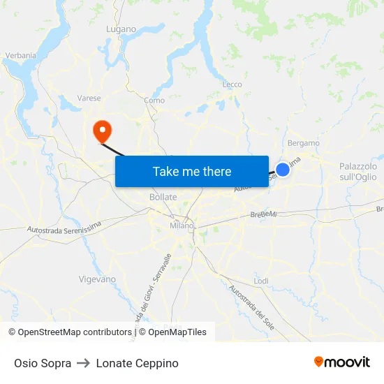 Osio Sopra to Lonate Ceppino map