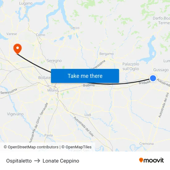 Ospitaletto to Lonate Ceppino map