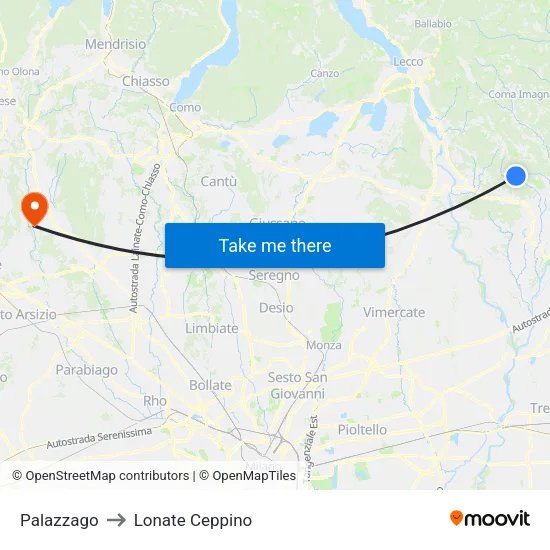 Palazzago to Lonate Ceppino map