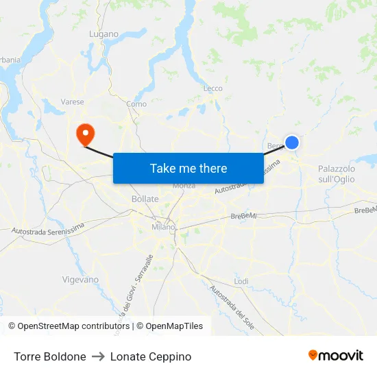 Torre Boldone to Lonate Ceppino map