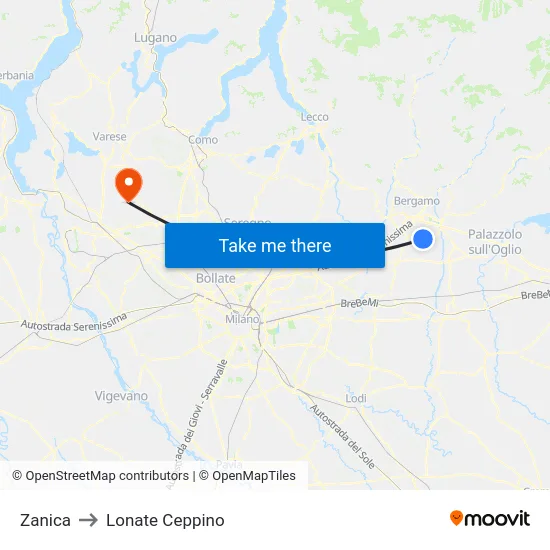 Zanica to Lonate Ceppino map