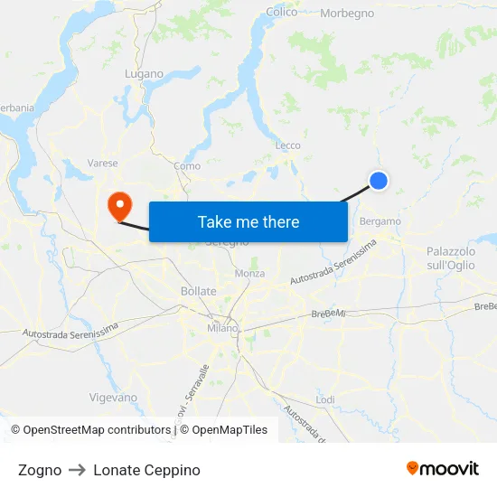 Zogno to Lonate Ceppino map