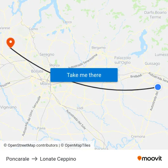 Poncarale to Lonate Ceppino map