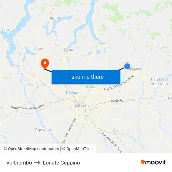 Valbrembo to Lonate Ceppino map