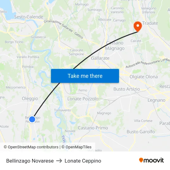 Bellinzago Novarese to Lonate Ceppino map