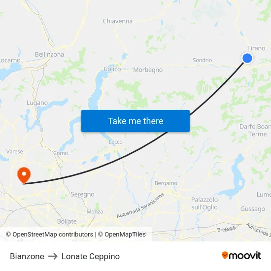 Bianzone to Lonate Ceppino map