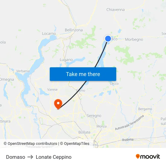 Domaso to Lonate Ceppino map