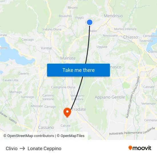 Clivio to Lonate Ceppino map