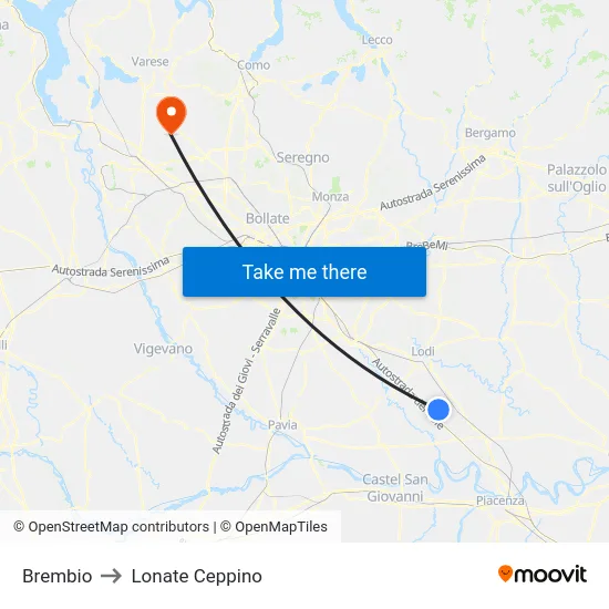 Brembio to Lonate Ceppino map