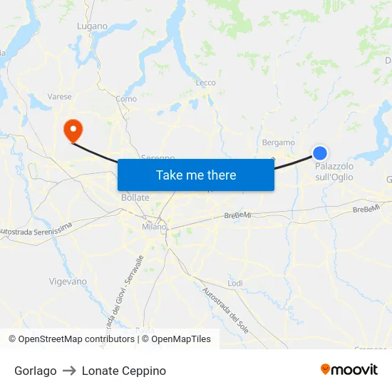 Gorlago to Lonate Ceppino map