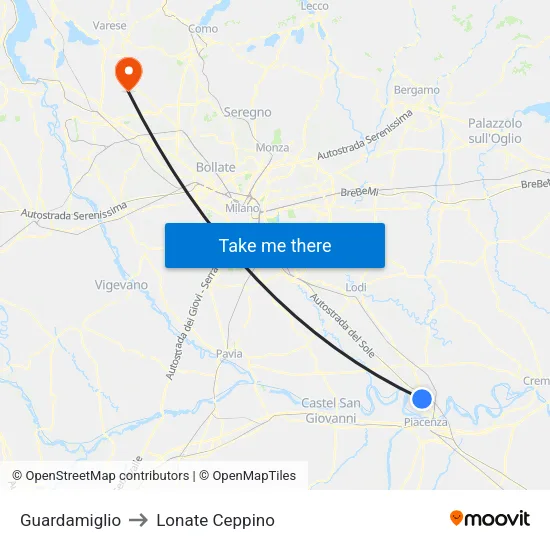 Guardamiglio to Lonate Ceppino map