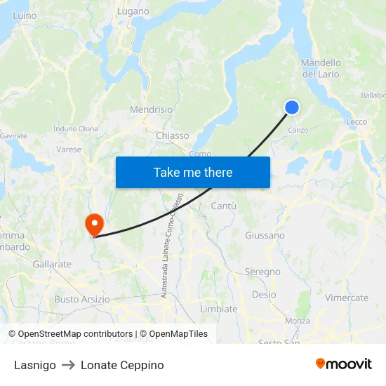 Lasnigo to Lonate Ceppino map