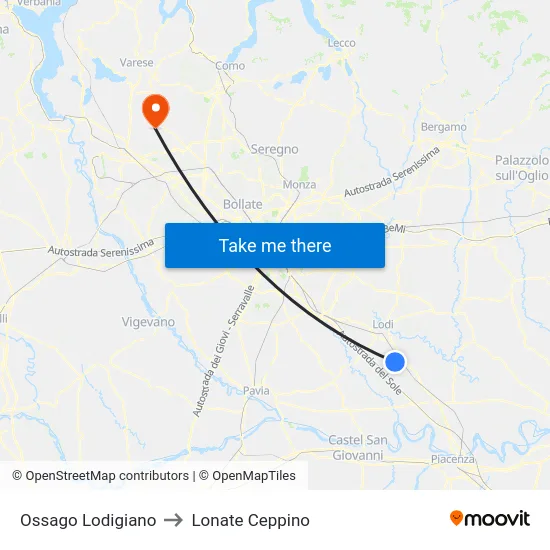 Ossago Lodigiano to Lonate Ceppino map