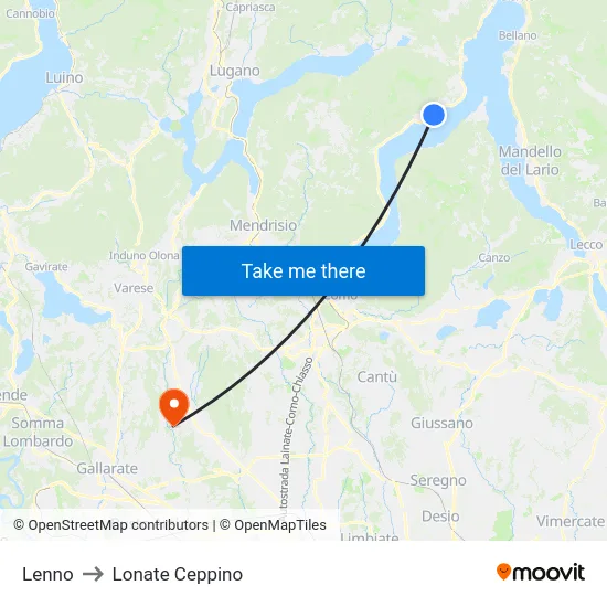 Lenno to Lonate Ceppino map
