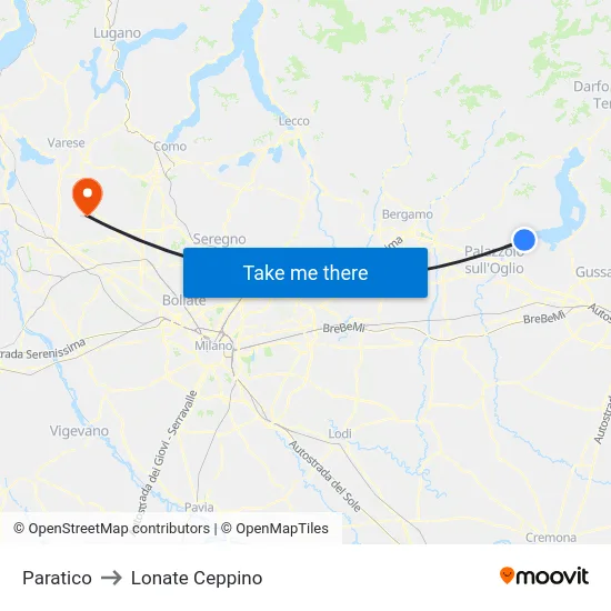 Paratico to Lonate Ceppino map