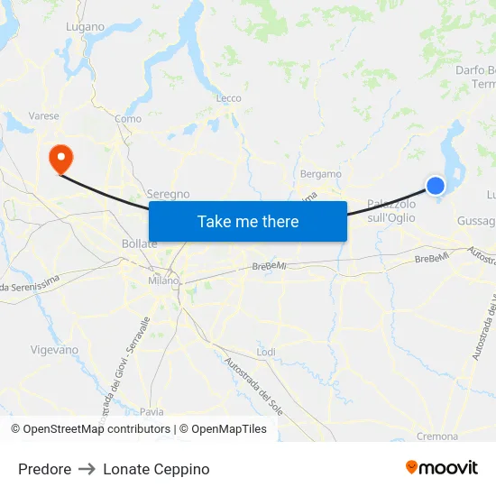 Predore to Lonate Ceppino map