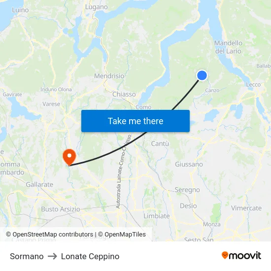 Sormano to Lonate Ceppino map