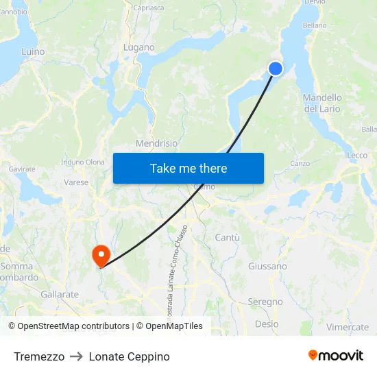 Tremezzo to Lonate Ceppino map