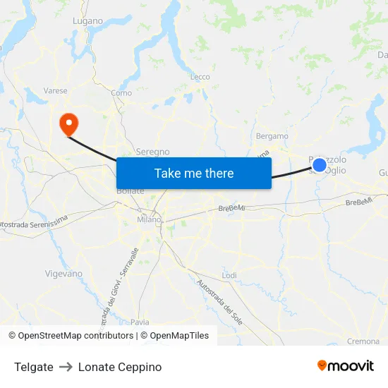 Telgate to Lonate Ceppino map