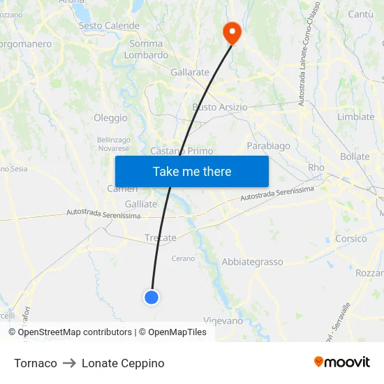 Tornaco to Lonate Ceppino map