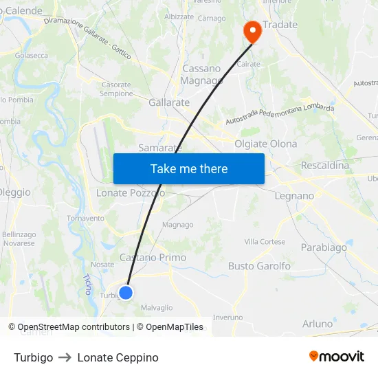 Turbigo to Lonate Ceppino map