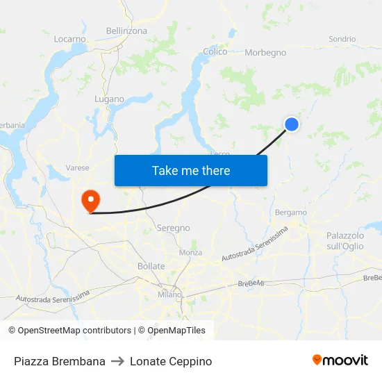 Piazza Brembana to Lonate Ceppino map