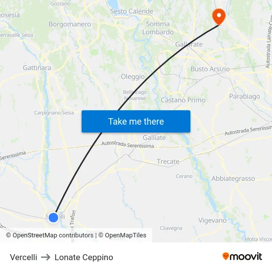 Vercelli to Lonate Ceppino map