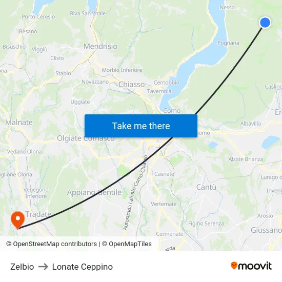 Zelbio to Lonate Ceppino map