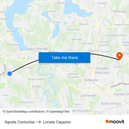 Agrate Conturbia to Lonate Ceppino map