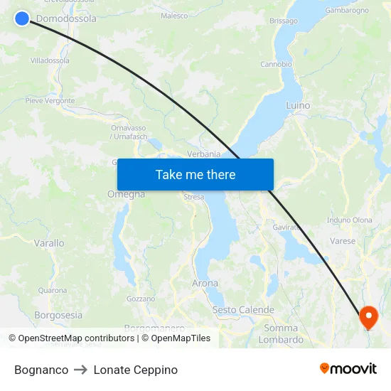 Bognanco to Lonate Ceppino map
