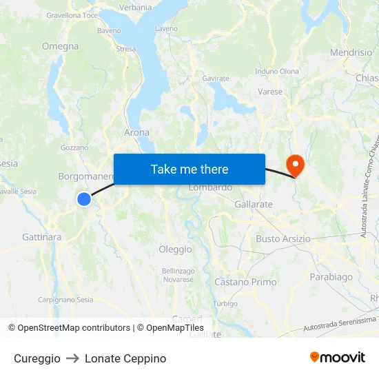 Cureggio to Lonate Ceppino map