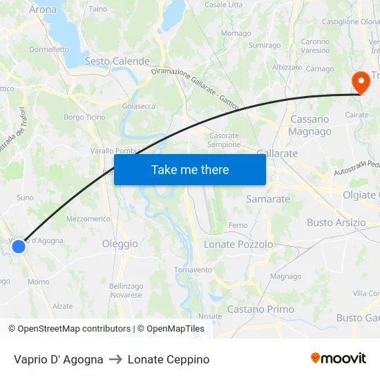 Vaprio D' Agogna to Lonate Ceppino map