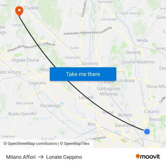 Milano Affori to Lonate Ceppino map