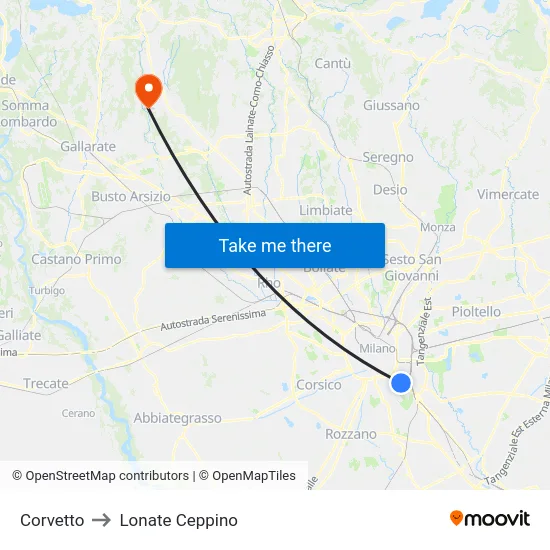 Corvetto to Lonate Ceppino map