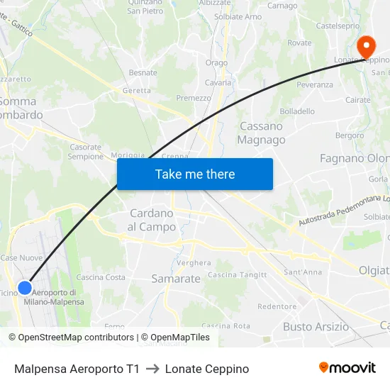Malpensa Aeroporto T1 to Lonate Ceppino map