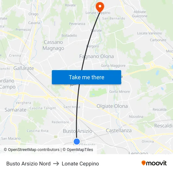 Busto Arsizio Nord to Lonate Ceppino map