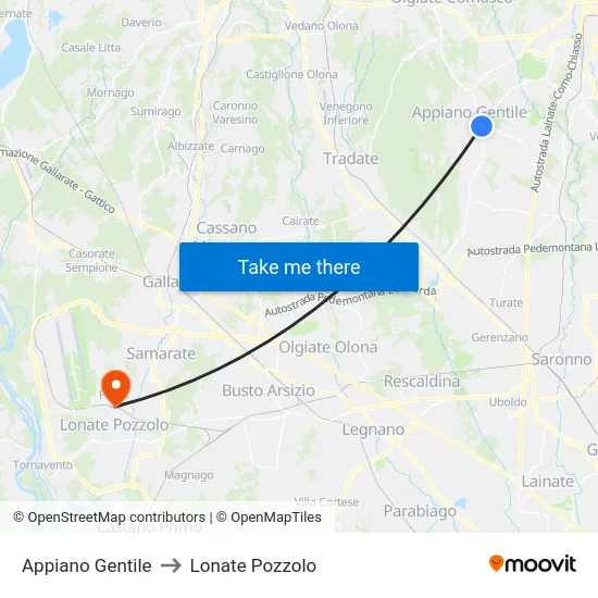 Appiano Gentile to Lonate Pozzolo map