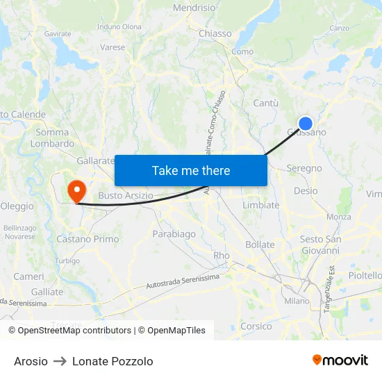 Arosio to Lonate Pozzolo map