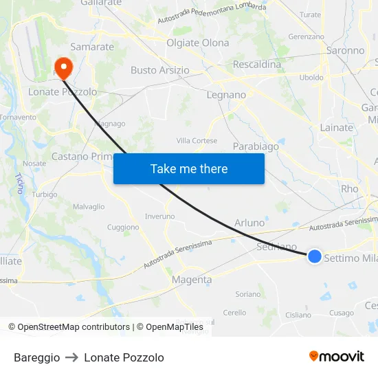 Bareggio to Lonate Pozzolo map