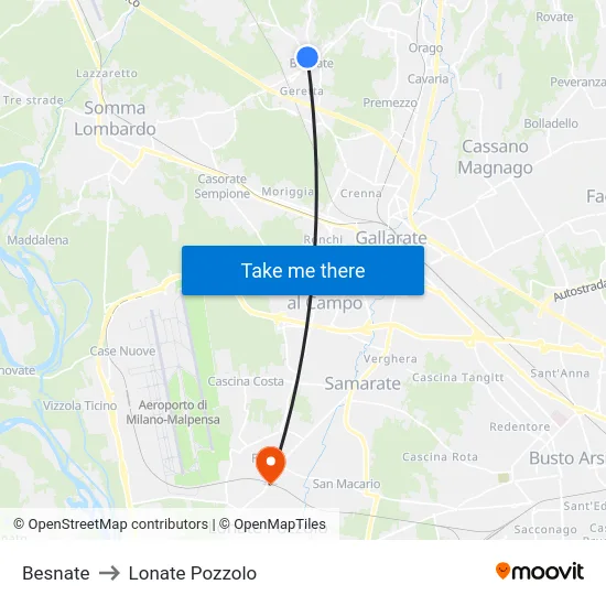 Besnate to Lonate Pozzolo map