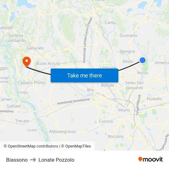Biassono to Lonate Pozzolo map