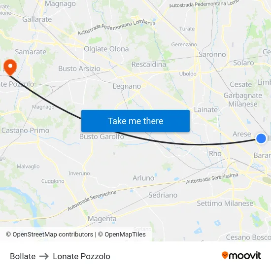 Bollate to Lonate Pozzolo map