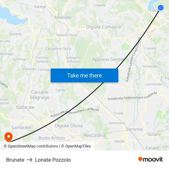 Brunate to Lonate Pozzolo map
