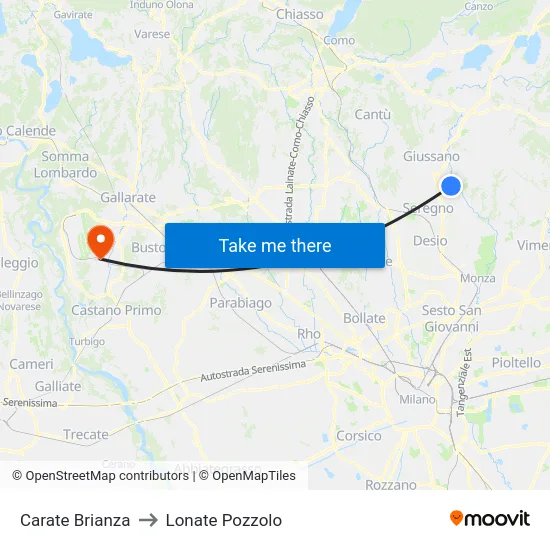 Carate Brianza to Lonate Pozzolo map