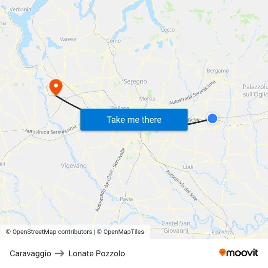 Caravaggio to Lonate Pozzolo map