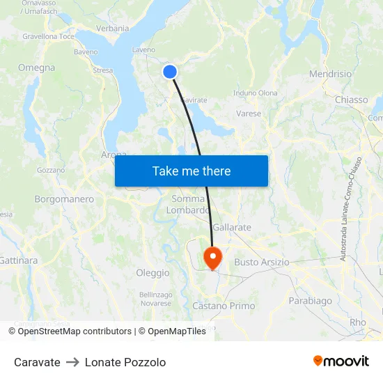 Caravate to Lonate Pozzolo map